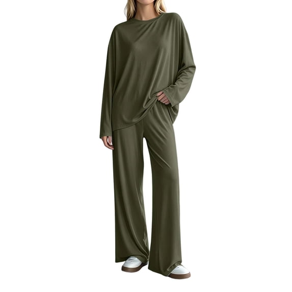 Iyufng Womens Two Piece Sets Loose Round Neck Long Sleeve Tops Elastic Waist Wide Leg Pants Loungewear Sets