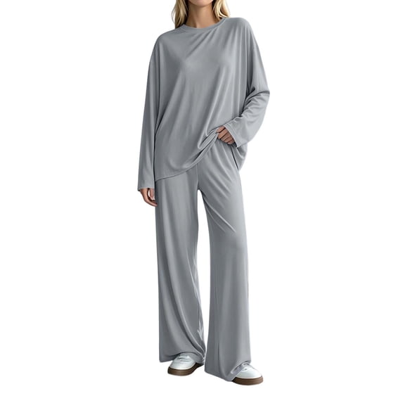 Iyufng Womens Two Piece Sets Loose Round Neck Long Sleeve Tops Elastic Waist Wide Leg Pants Loungewear Sets