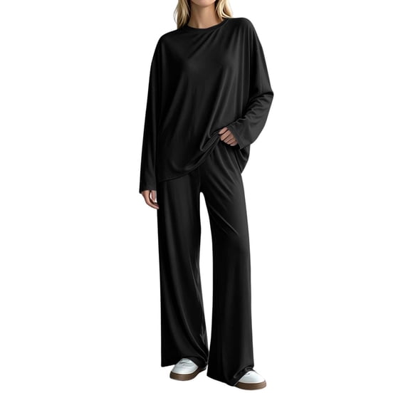 Iyufng Womens Two Piece Sets Loose Round Neck Long Sleeve Tops Elastic Waist Wide Leg Pants Loungewear Sets