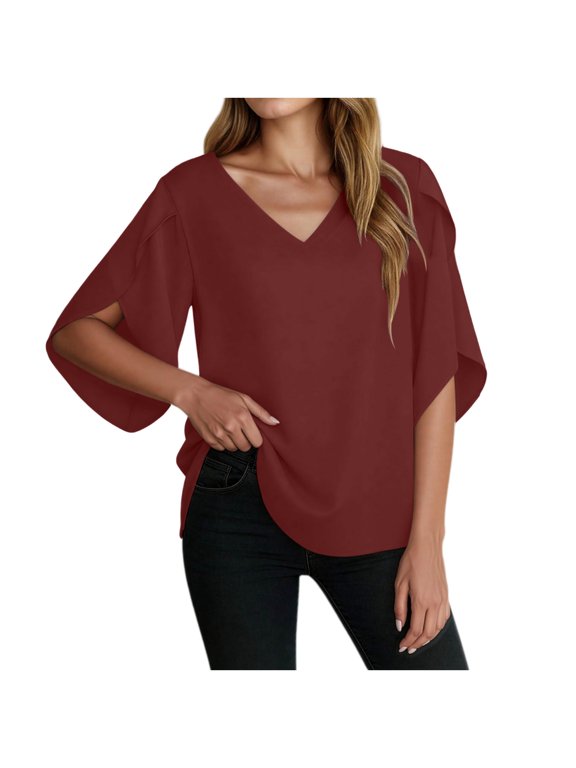 Womens V Neck Chiffon Blouse Double Layer Ruffle Flutter Short Sleeve Loose Solid Office Elegant Casual Top