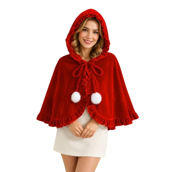Iyufng Womens Velvet Hooded Mini Cape Ruffle Edge Pom Decor Front Tie Cloak Christmas & Halloween Cosplay Wrap Cover Up