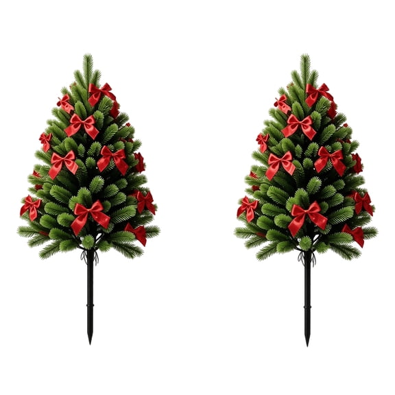 Izexuh 2 Pack Artificial Pine Stem Yard Stakes with Red Bows,Faux Evergreen Tree Picks for Outdoor Lawn,Porch and Garden Christmas Holiday Landscape Decoration