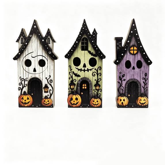 Izexuh 3Pcs Wooden Haunted House Pumpkin Set, Halloween Table Decor, Rustic Dark Ornaments with Ghost Bat Motif for Mantel Shelf Entryway and Spooky Party Display