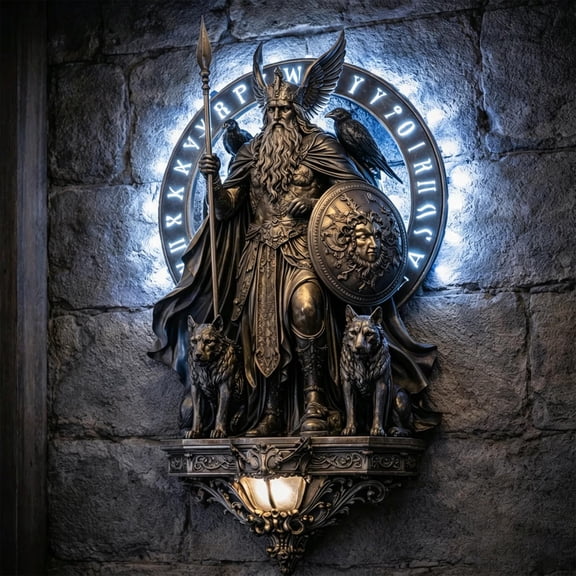 Izexuh Gothic Wall Lamp Halloween Party Decor Resin Sculpture Winged Helmet Warrior God Shield Wolf Motif Metallic Finish Wall Sconce Retro Art Piece for Living Room Bedroom