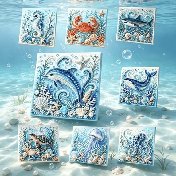 Izexuh Ocean Theme Pearl Art DIY Kit Seahorse 3D Diamond Painting Mosaic Craft Set with Rhinestones and Beads for Relaxing Handmade Ocean Decor and Gift Idea
