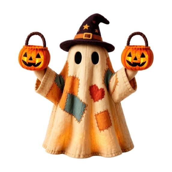 Izexuh Vintage Patchwork Ghost Halloween Light Halloween Table Decor with Cute Witch Hat Design,Warm Glow Desktop Ornament for Shelf and Mantel Display