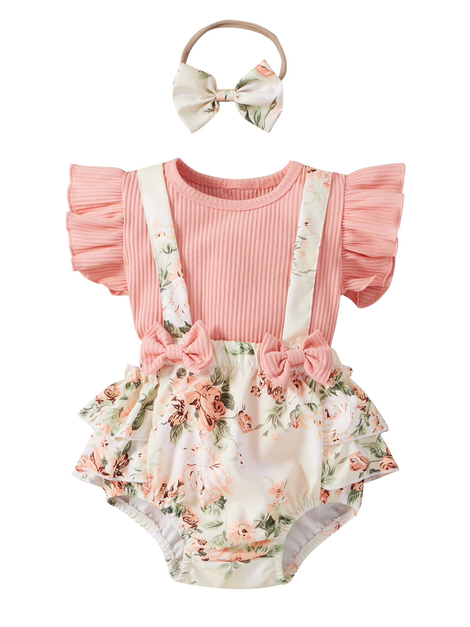 Baby 3pcs Lace Ruffle Collar Long-sleeve Romper and Floral Print Layered Suspender Skirt Set