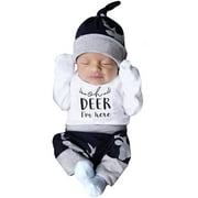 Izhansean 3PCS Newborn Baby Boy Clothes Long Sleeve Romper Tops+Deer Pants+Hat Outfit Set Blue 6-12 Months