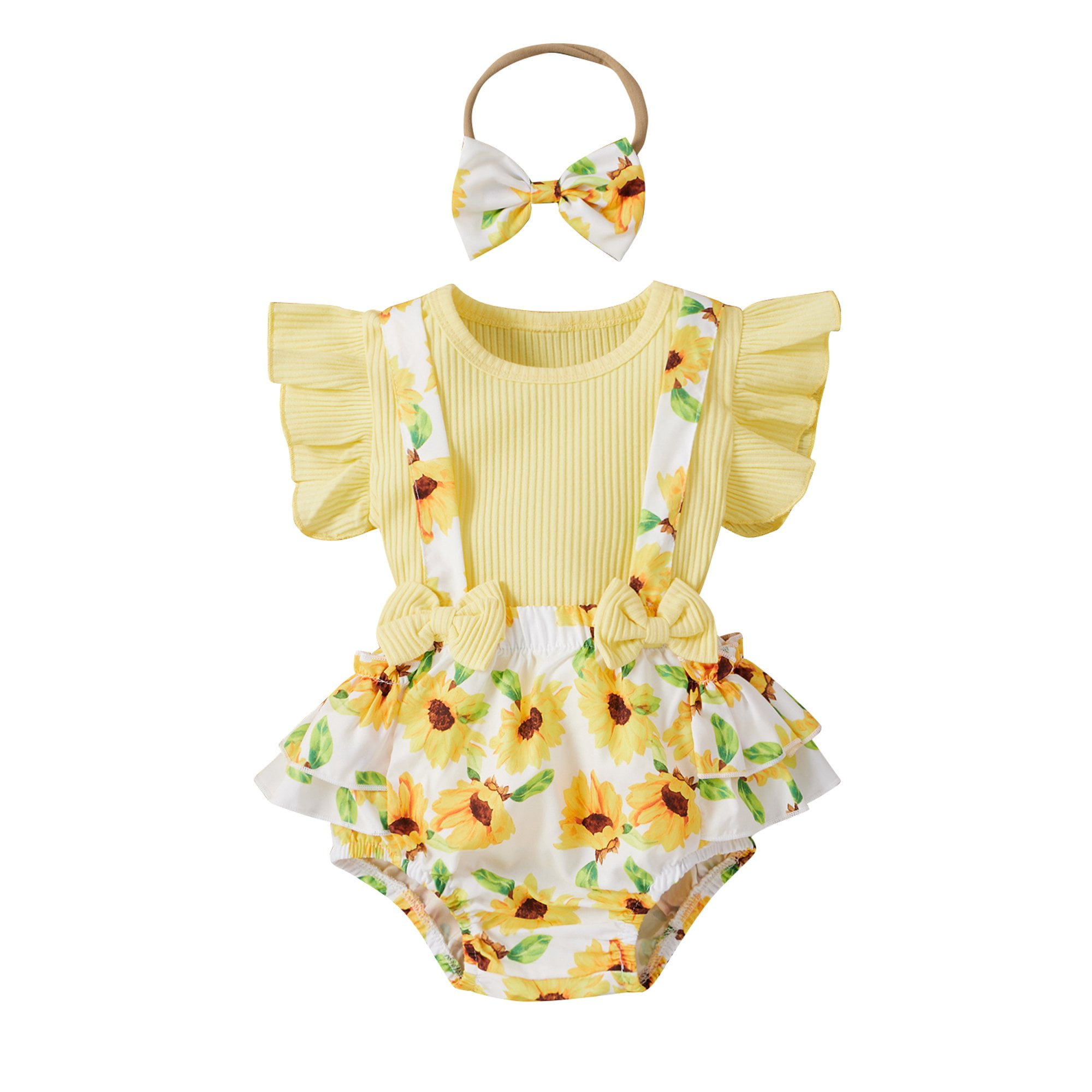 Izhansean 3PCS Newborn Baby Girl Summer Clothes Floral Romper Jumpsuit Shorts Outfits Set Yellow 3-6 Months