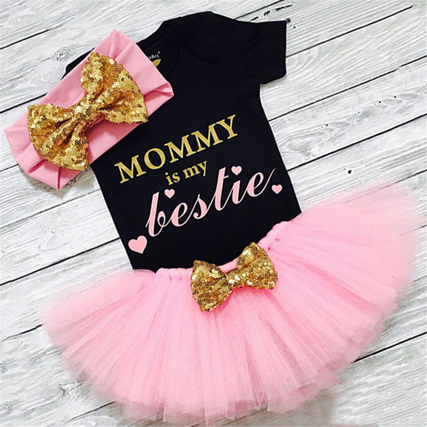 Izhansean 3PCS Newborn Baby Girls Clothes Romper Jumpsuit+Tutu Skirt+Headband Outfits Set Black 3-6 Months