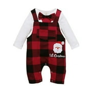 Izhansean My 1st Christmas Newborn Baby Boy Outfits Long Sleeve Romper+Santa Claus Bib Pants Clothes White 0-3 Months