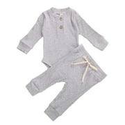 Izhansean Newborn Baby Boy Girl Clothes Ribbed Knitted Romper Long Pants Fall Winter Suit Gray 0-6 Months