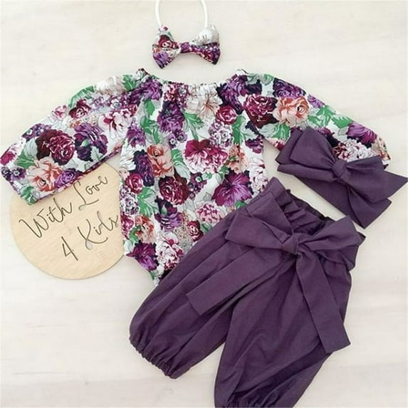 Izhansean Newborn Baby Girls Floral Tops Romper Pants Headband Outfits Clothes 3PCS Sets Purple 3-6 Months
