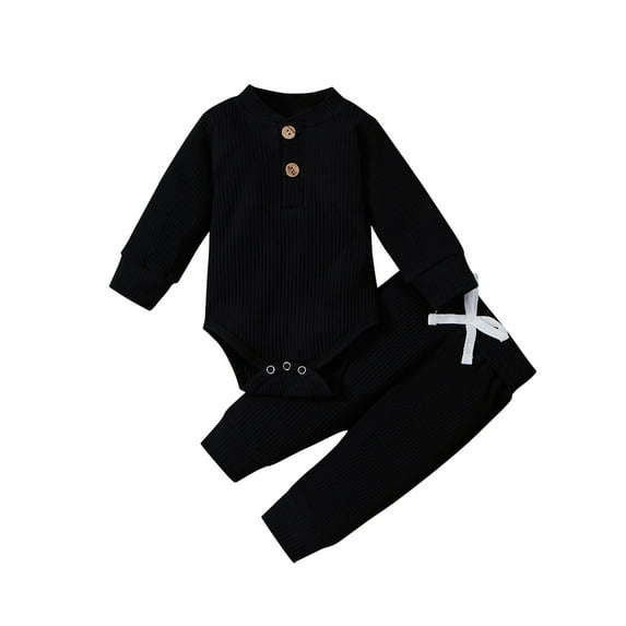 Izhansean Newborn Infant Baby Boy Girl Winter Clothes Ribbed Solid Button Long Sleeve Tops Pants 2PCS Set Black 6-12 Months