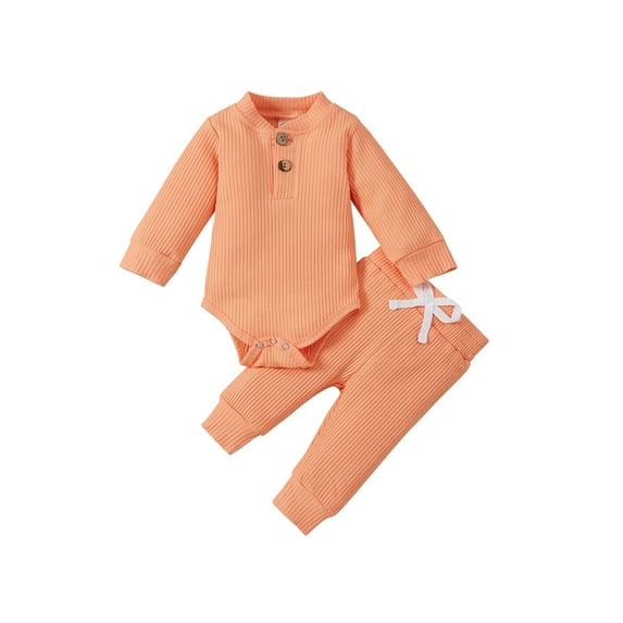 Izhansean Newborn Infant Baby Boy Girl Winter Clothes Ribbed Solid Button Long Sleeve Tops Pants 2PCS Set Orange 3-6 Months
