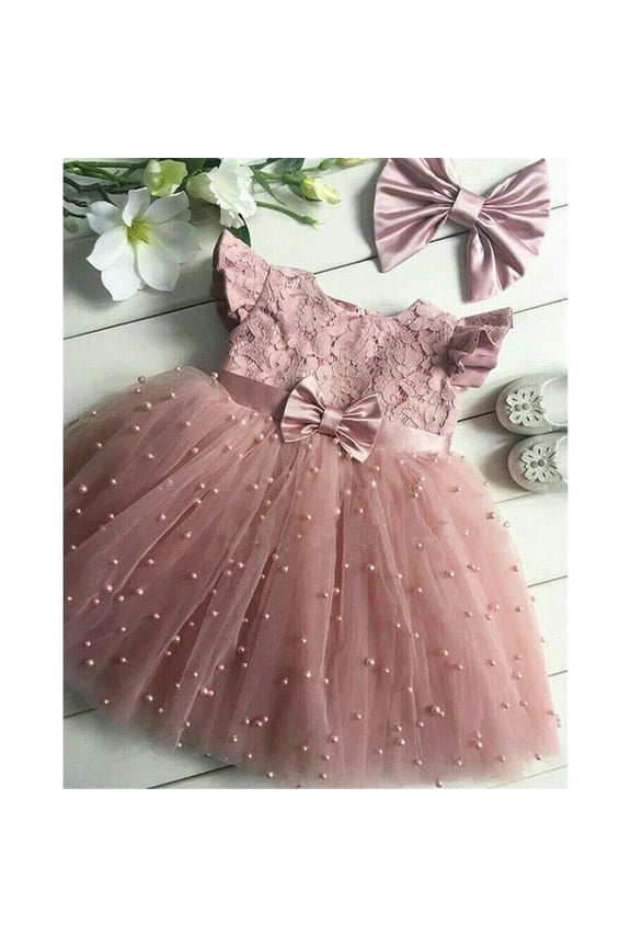 Ruffle Short Sleeve Lace Pearl Embedded Tutu Dress (Little Girl's)