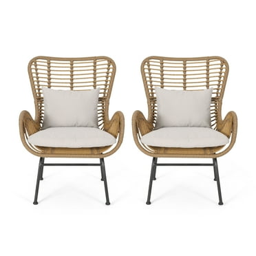 Izidro Outdoor Wicker Wrapped Club Chairs with Cushion, Set of 2, Light Brown and Beige