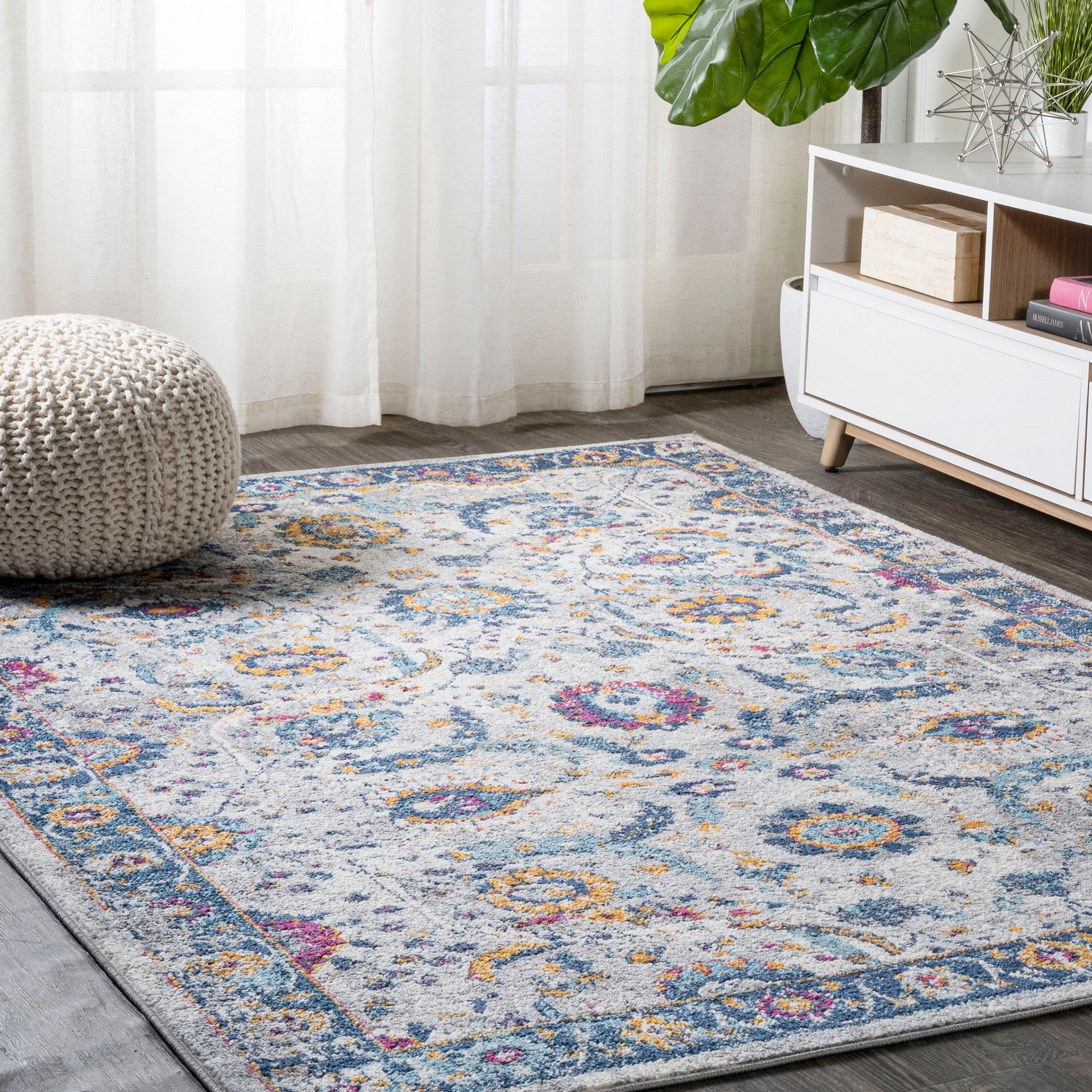 Izil Light Gray and Blue Synthetic Persian Area Rug, 8' x 10'