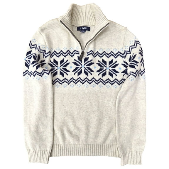Izod Boys Beige & Blue Nordic Print Quarter Zip Cotton Sweater X-Small 6-7