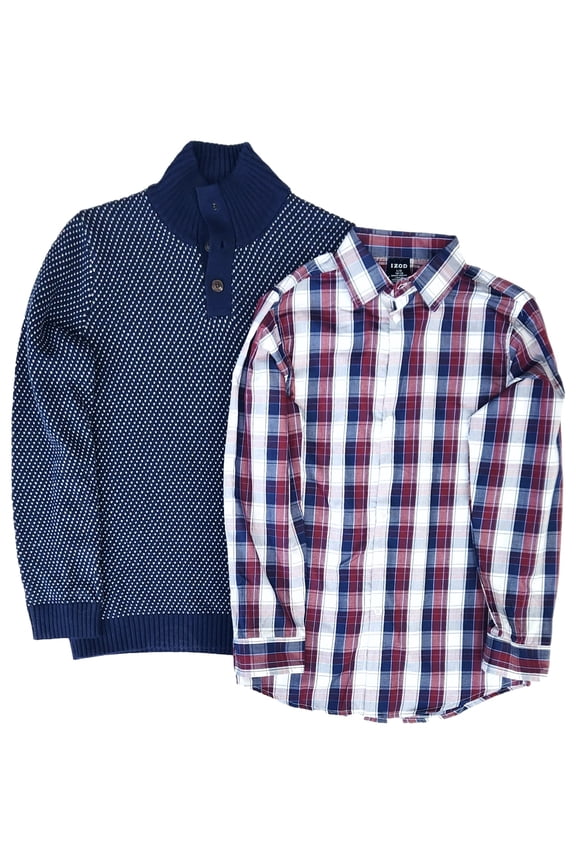 Boys Blue & White Sweater & Plaid Button Down Shirt Set Sweater Large 14-16