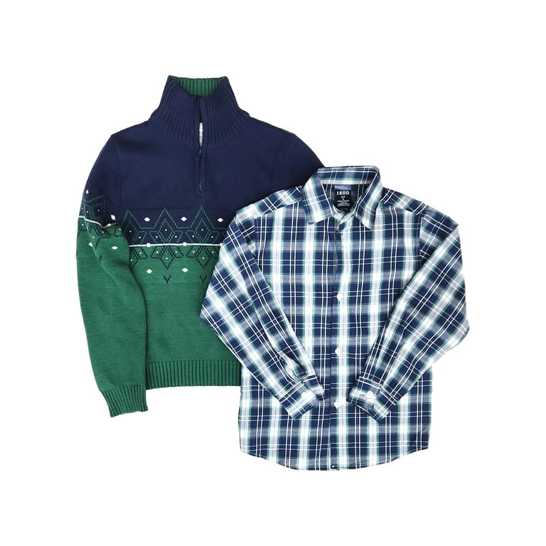 Izod Boys Blue Green Sweater Plaid Button Down Shirt Sweater Large H 14 16