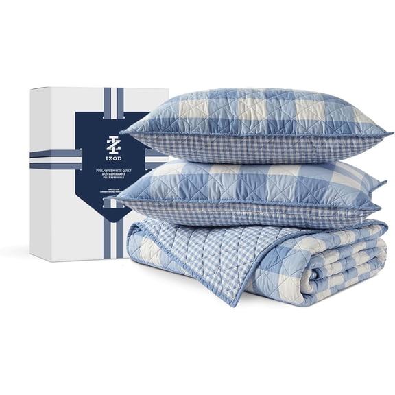 Izod Cotton Percale Pre-Washed Quilt Set Twin Blue Gingham Reversible Bedding