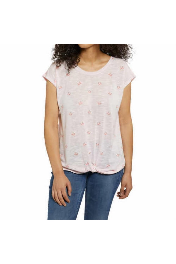 Ladies Flamingo Printed Tee Cap Sleeve Twist Hem T-Shirt, Pink XS