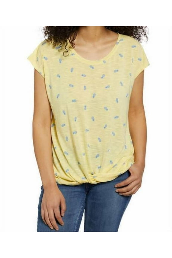 Ladies Pineapple Printed Knot Shirt Tee T-Shirt, Yellow Medium