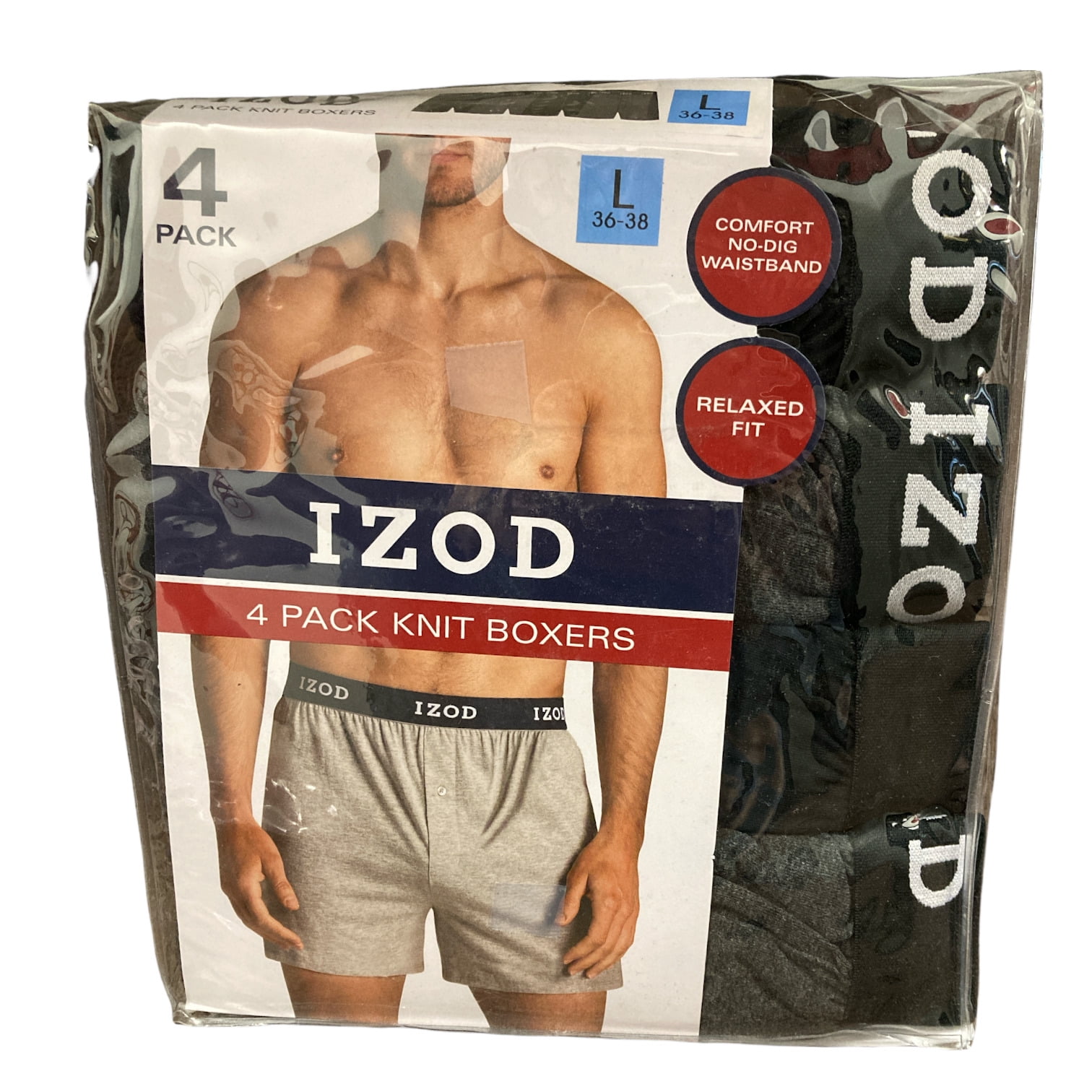 Izod Men's Soft Relaxed Fit Comfort Waistband Knit Boxers, 4 Pack  (Black/Grey, L (36-38))