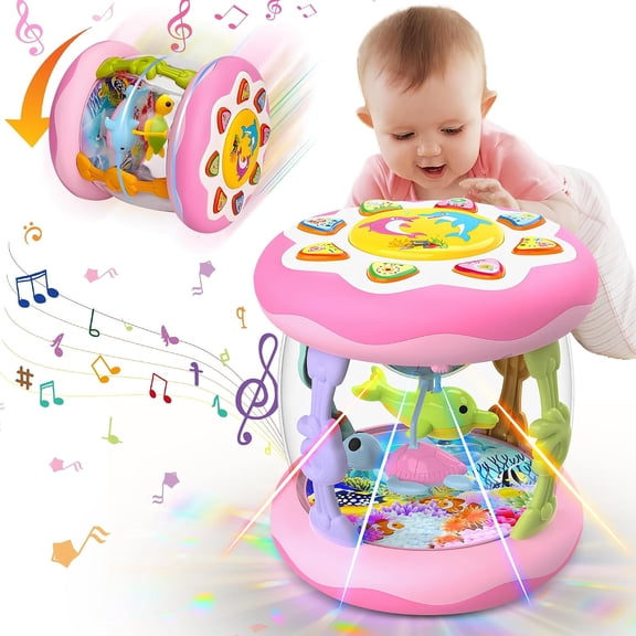 Izrizr Baby Musical Toys for 6-12 Months,Baby Light Up Rotating Ocean Projector Drums Toy for Infant Tummy Time,Learning Crawling Toys for 1 2 3 Year Old Toddler Girls Birthday Gift,Pink