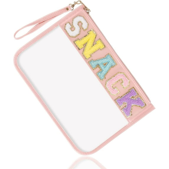 Izuzta Chenille Letter Clear Bag,Monogram PVC & PU Clear Zipper Pouch with Wristlet,Waterproof Portable Glitter Makeup Pouch Toiletry Bag for Women Girls