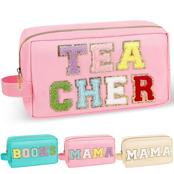 Izuzta Chenille Letter Makeup Bag,Nylon Preppy Patch Zipper Pouch Purse with Handle,Waterproof Portable Glitter Travel Toiletry Bag for Women Girls