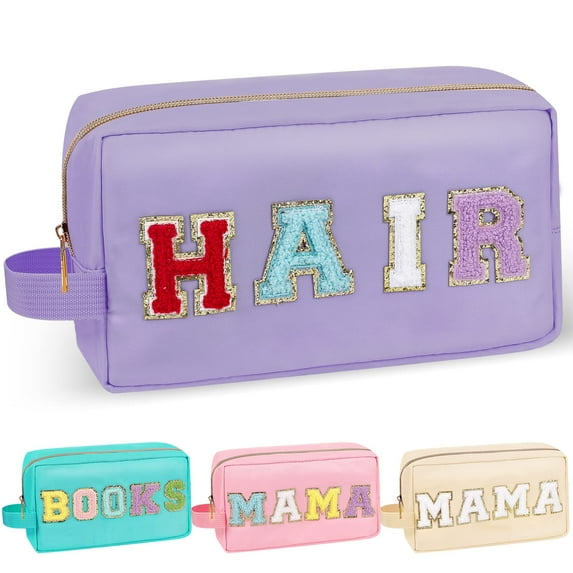 Izuzta Chenille Letter Makeup Bag,Nylon Preppy Patch Zipper Pouch Purse with Handle,Waterproof Portable Glitter Travel Toiletry Bag for Women Girls