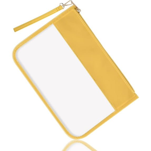 Izuzta Clear PVC Flat Pouch,PU Makeup Bag Clear Zipper Pouch with Wristlet,DIY Chenille Letter Bag Waterproof Portable Travel Toiletry Bag Cosmetic Pouch for Women Girls-Yellow