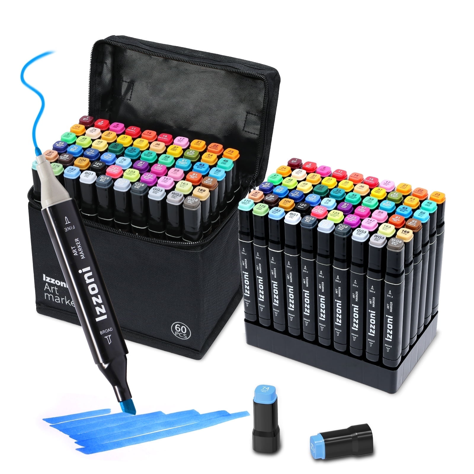 IZZONI 60-Color Alcohol Art Markers Set, Dual-Tip Permanent Sketch Pens for Adult Coloring Books, Drawing & Sketching, with Carry Case & Organizer