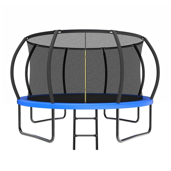 Izzovium 12 ft Outdoor Kids Trampoline with Safety Enclosure Net, Ladder, Steel Frame, Basketball, Pump, Storage Bag, Blue
