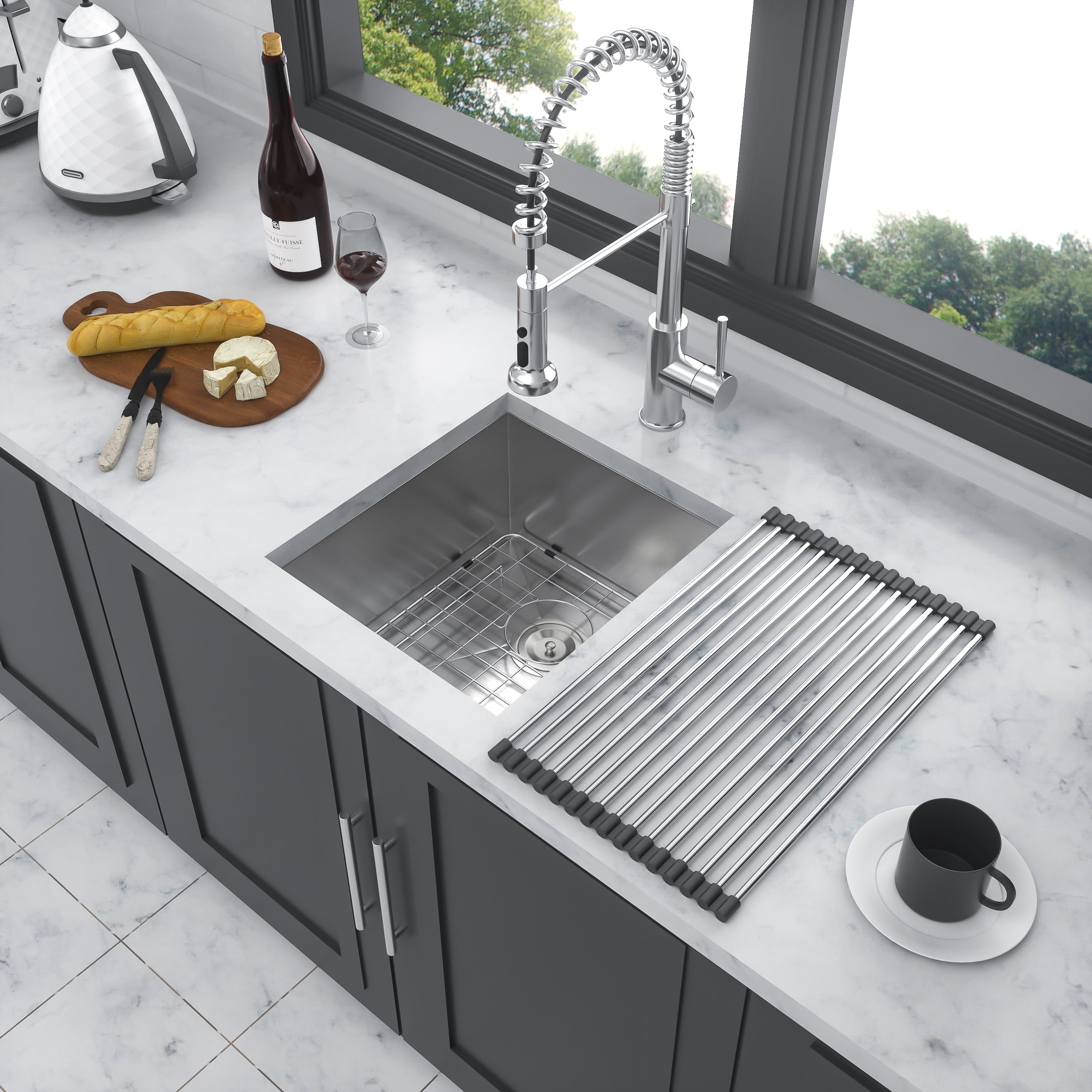 Izzovium 13 Inch Undermount Stainless Steel Kitchen Sink, 16 Gauge 9" Deep Single Bowl Brushed Nickel, 13"x15"x9" with Drain Assembly & Drying Rack