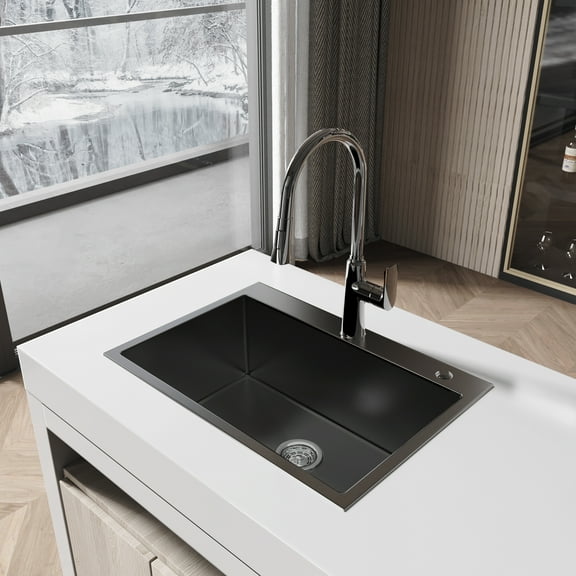 Izzovium 27"x19" Single Bowl Black Stainless Steel Kitchen Sink, Overmount Handmade Design with US Standard Drain and Hook, 304 Gauge 20 Steel, Sound Absorbing & Fingerprint Resistant