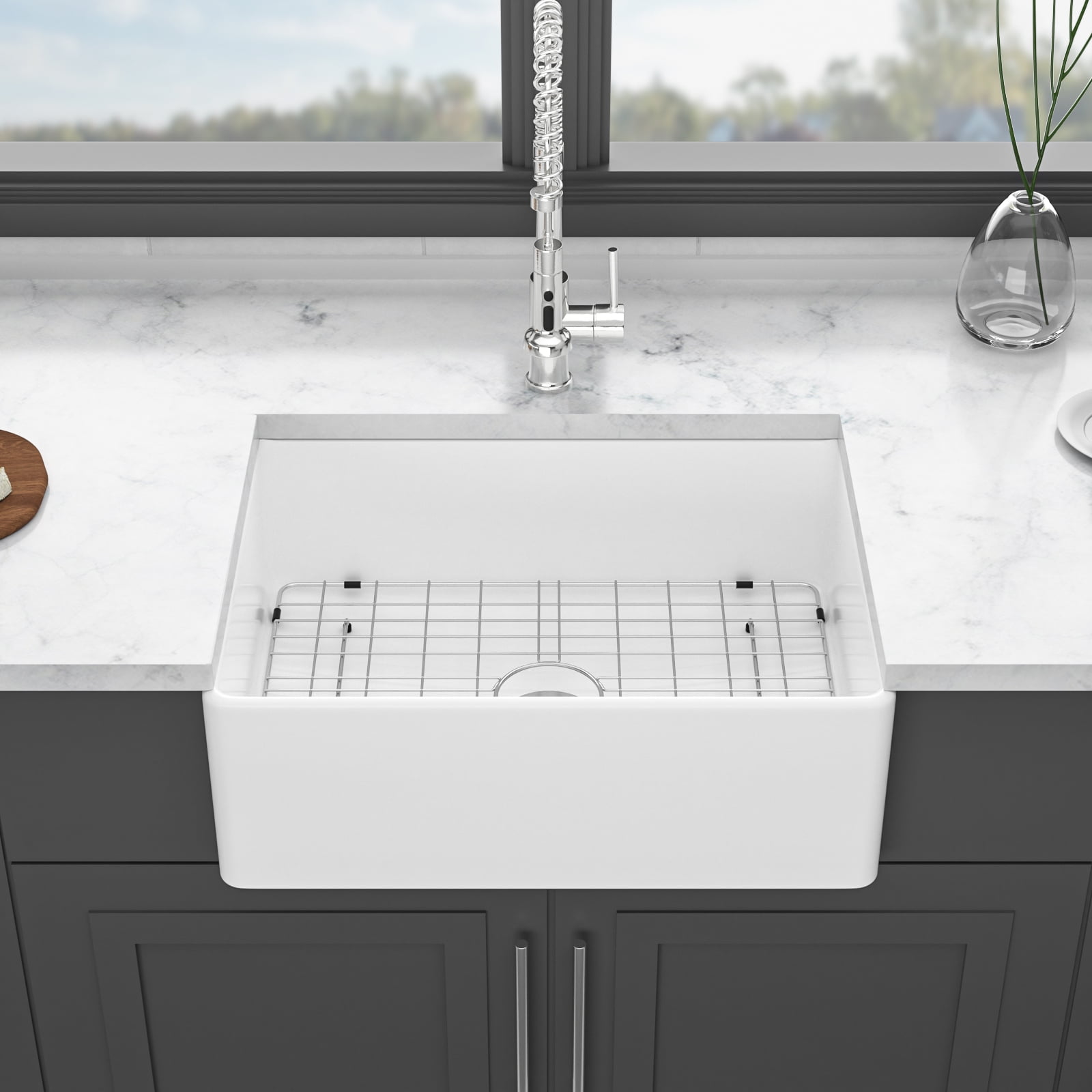 Izzovium 28 Inch White Farmhouse Kitchen Sink, Ceramic Single Bowl with Drain Assembly & Bottom Grid, Durable & Scratch-Resistant, Easy to Clean