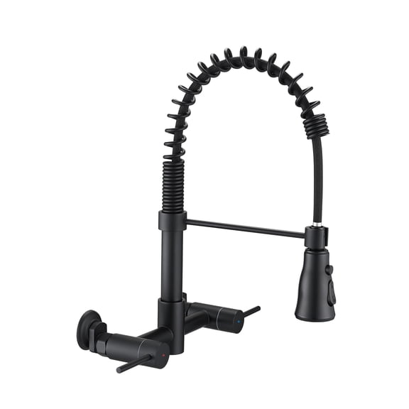 Izzovium 3 Functions Wall Mounted Bridge Kitchen Faucet, Stainless Steel Matte Black, 360° Rotatable High-Arc Spout, Pull Down Nozzle, 1.8 GPM Flow Rate, Saves Space