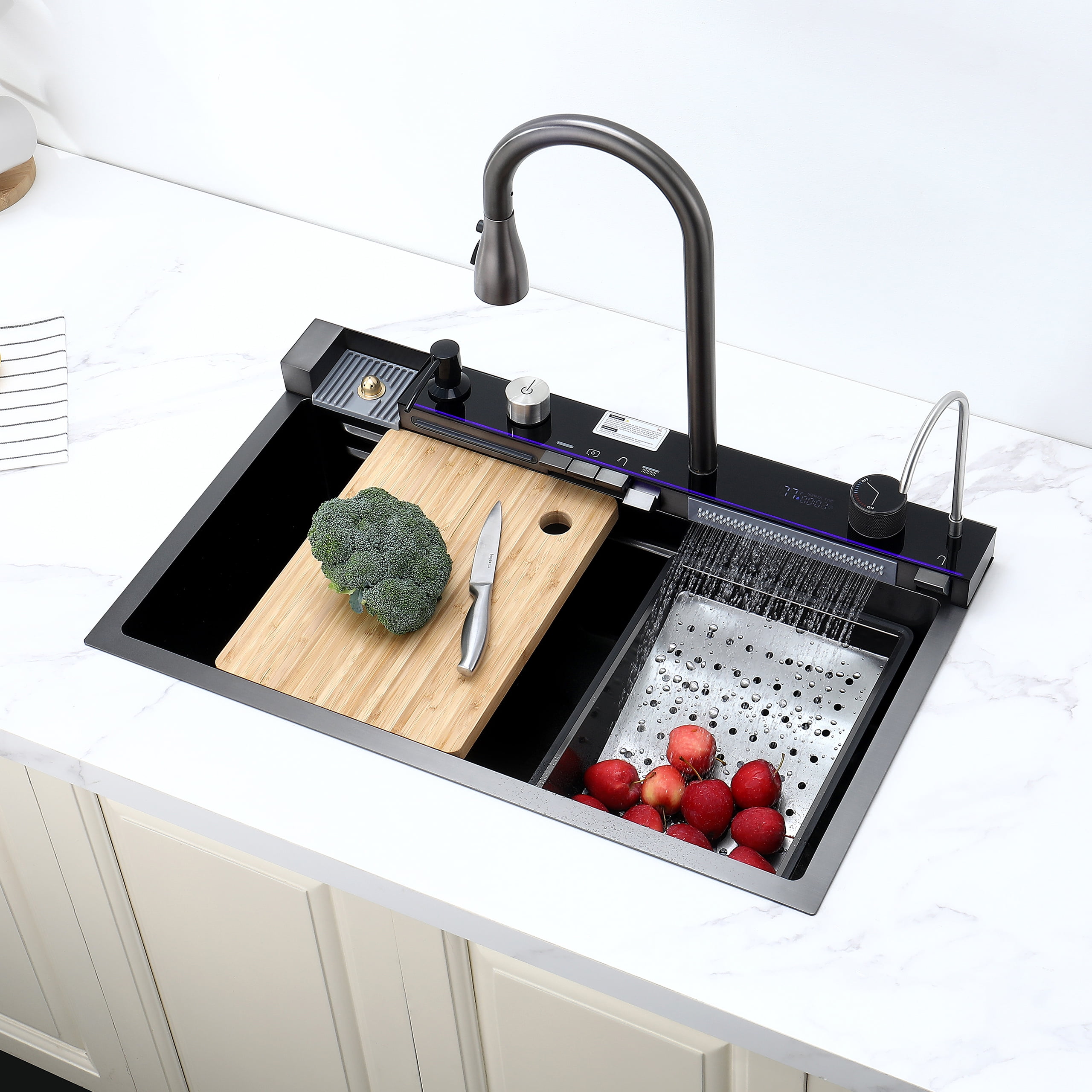 Izzovium 30-inch Stainless Steel Kitchen Sink with Pull-Out Faucet, Smart Digital Display, 3 Water Modes, Cutting Board & Soap Dispenser, Gray Whale Waterfall Sink
