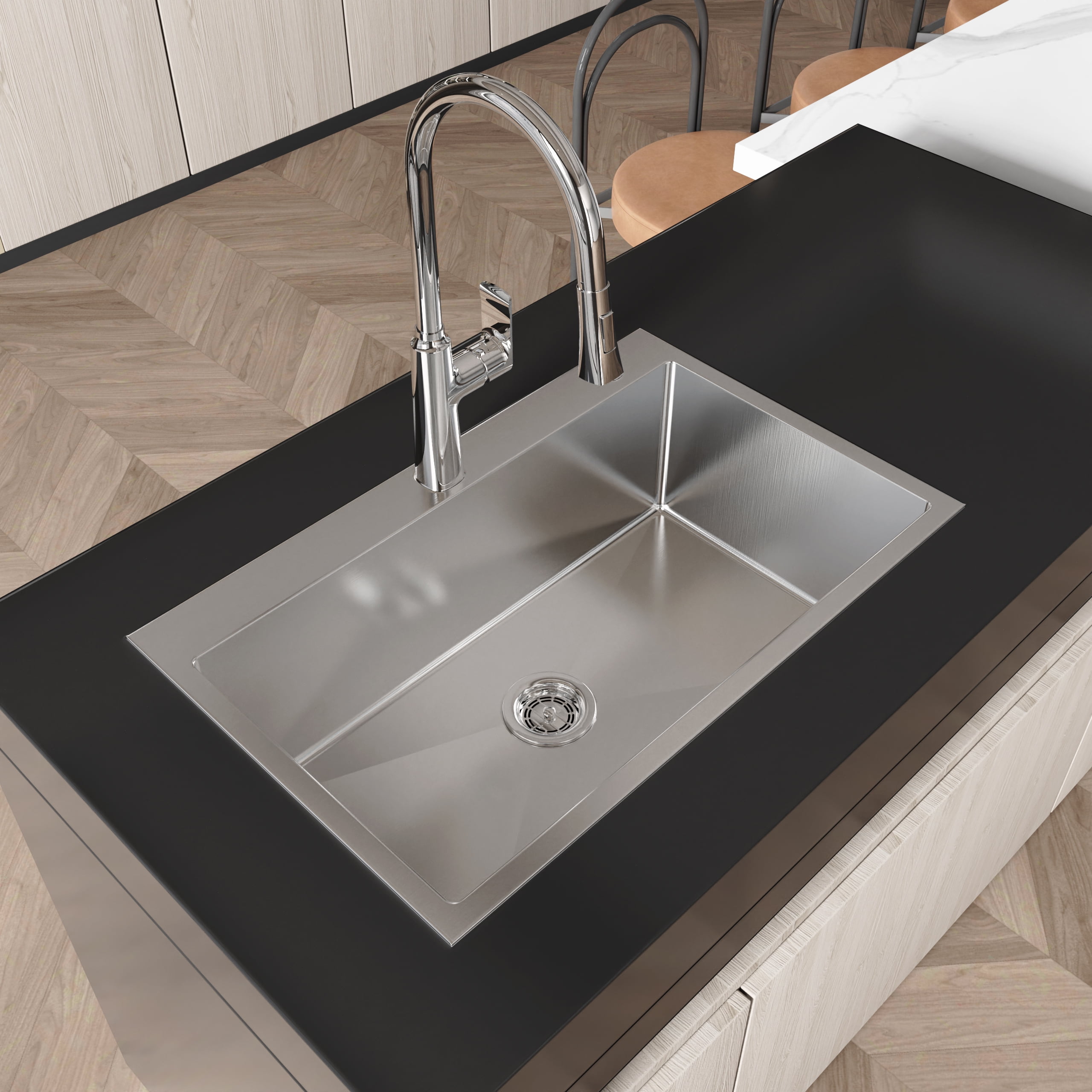 Izzovium 30"x19" Single Bowl Stainless Steel Kitchen Sink, Overmount Brushed Nickel Finish with US Standard Drain and Hook, Gray, LS-SSBR04