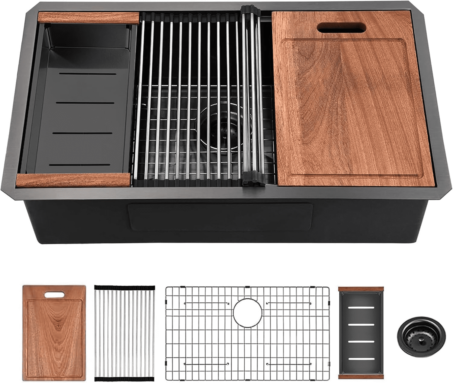 Izzovium 32 Inch Gunmetal Black Undermount Workstation Kitchen Sink, 16 Gauge Stainless Steel Single Bowl Sink with Accessories, 10 Inch Deep, R10 Radius, Handmade Design