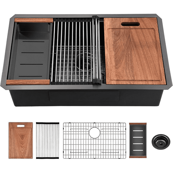 Izzovium 32 Inch Gunmetal Black Undermount Workstation Kitchen Sink, 16 Gauge Stainless Steel Single Bowl Sink with Accessories, 10 Inch Deep, R10 Radius, Handmade Design