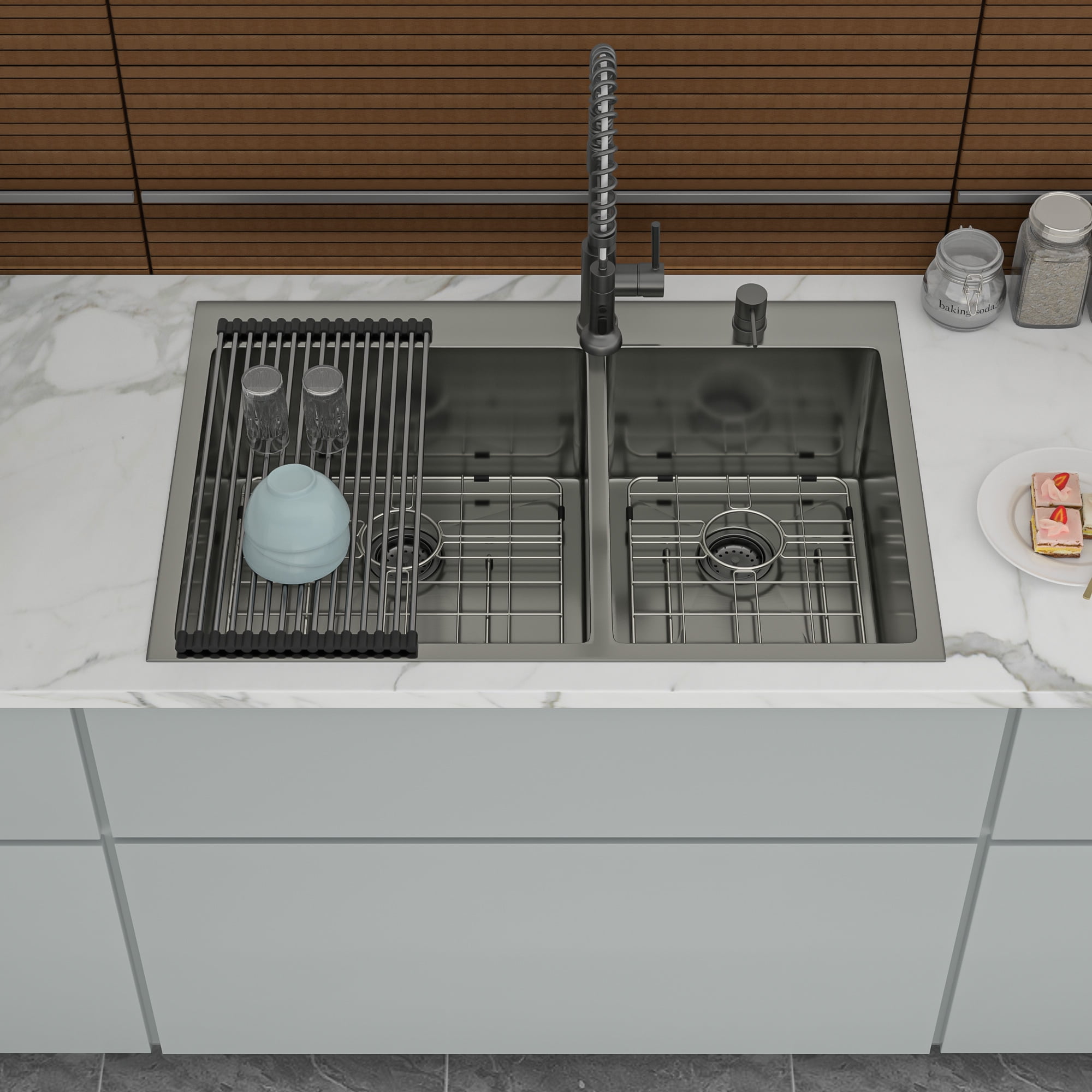 Izzovium 33"x22" Gunmetal Black Double Bowl Drop in Kitchen Sink, 16 Gauge Stainless Steel with 10" Deep Basin (60/40), Soundproof & Anti-Condensation