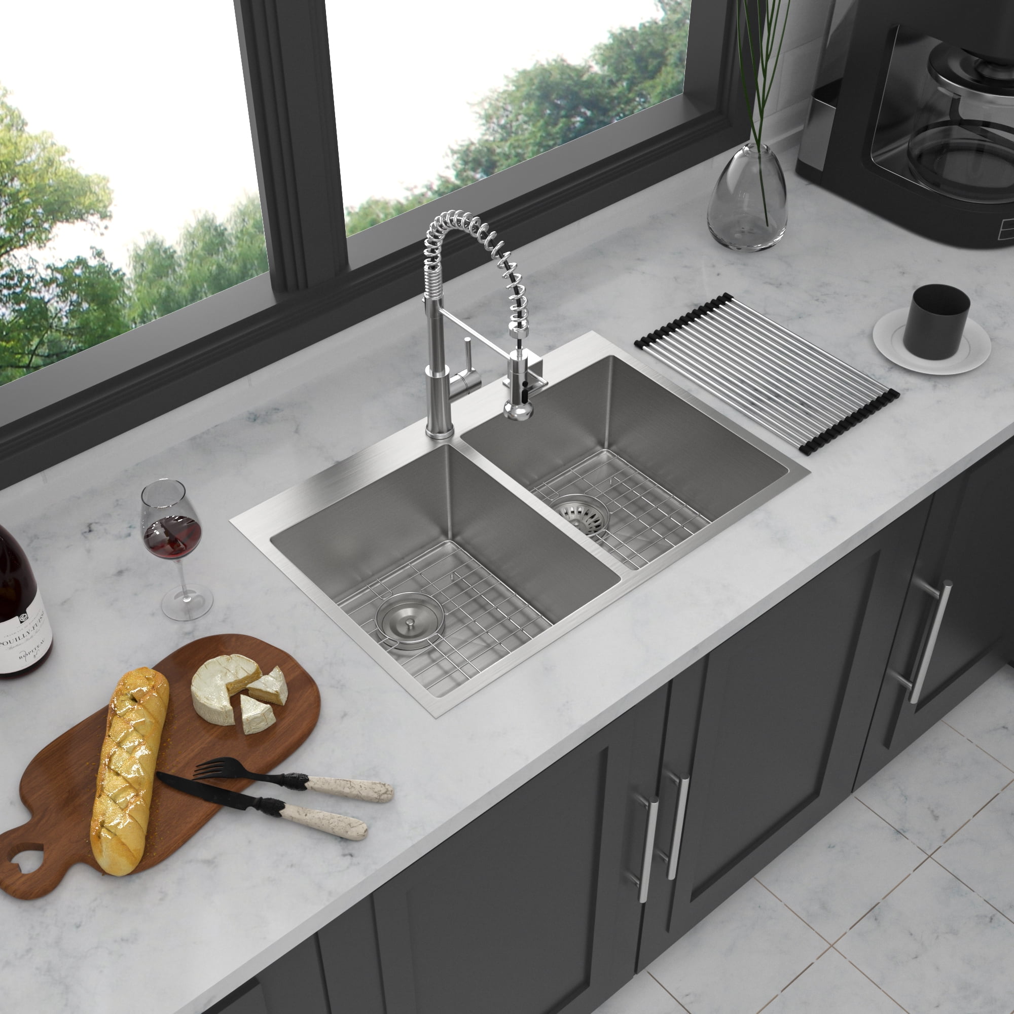 Izzovium 33"x22"x10" Double Bowl Drop in Kitchen Sink, 16 Gauge Stainless Steel with Brushed Nickel Finish, 50/50 Split Design, Two 10" Deep Basins