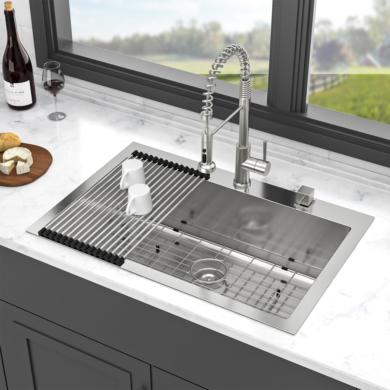 Izzovium 33x22 Inch 16 Gauge Stainless Steel Single Bowl Topmount Kitchen Sink, Brushed Nickel Finish with Soundproof Pad & Drain Assembly