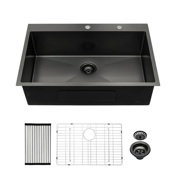 Izzovium 33x22x10" Drop-in Single Bowl Stainless Steel Kitchen Sink, Matte Black, 16 Gauge T304, Dual-Mount Design, Rust & Stain Resistant