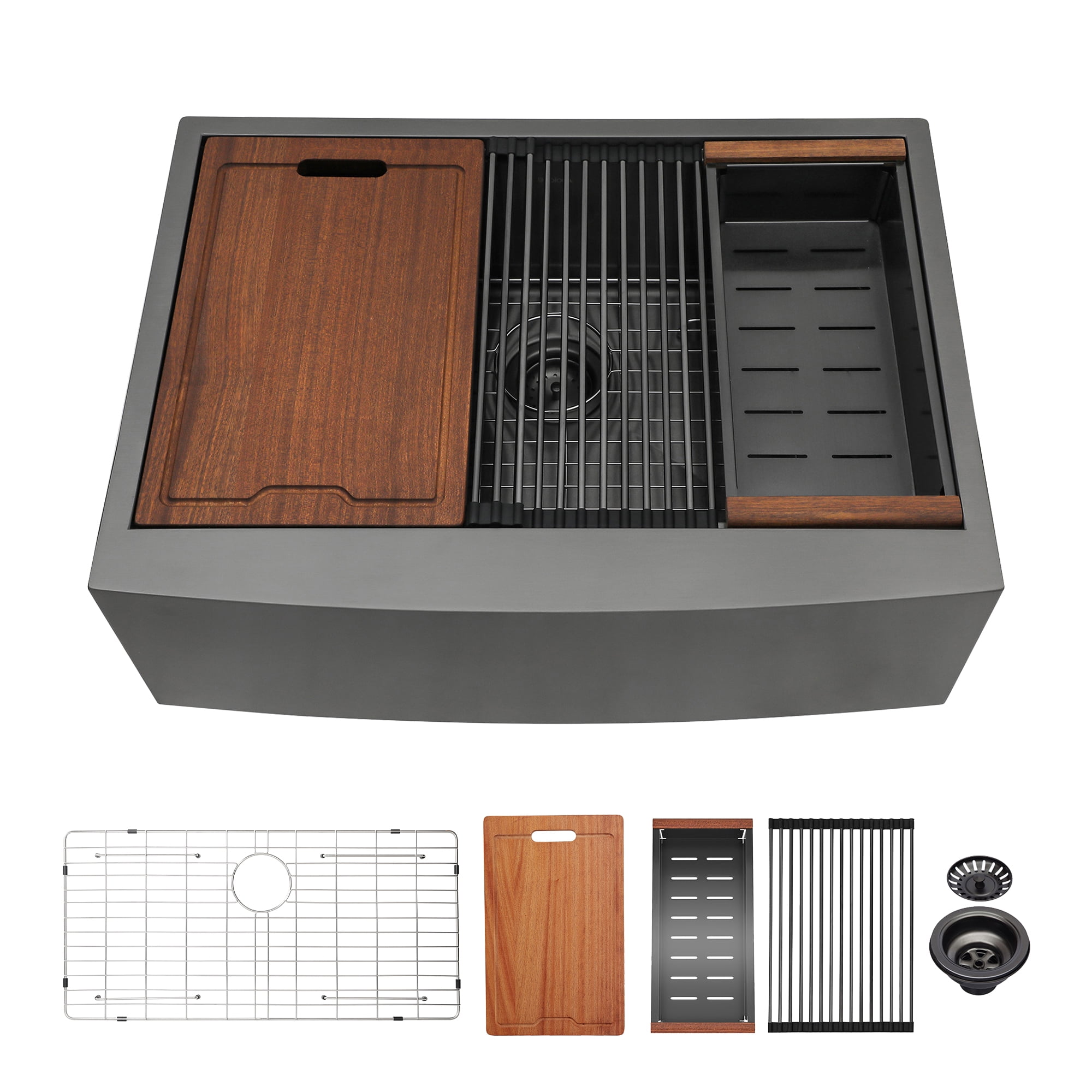 Izzovium 33x22x10" Farmhouse Apron Single Bowl Stainless Steel Kitchen Sink with Workstation, Matte Black, Integrated Ledge for Accessories & Multifunctional Workspace