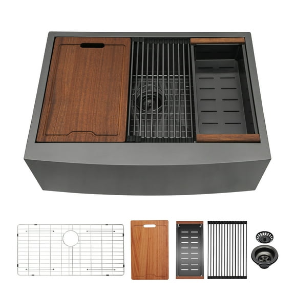 Izzovium 33x22x10" Farmhouse Apron Single Bowl Stainless Steel Kitchen Sink with Workstation, Matte Black, Integrated Ledge for Accessories & Multifunctional Workspace